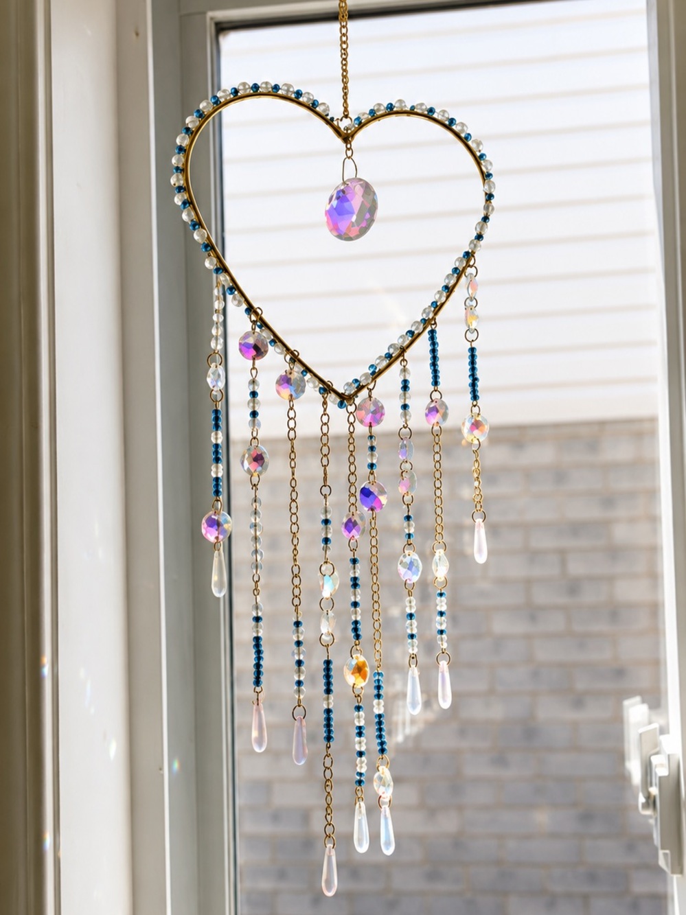 Heart Crystal Suncatcher Hanging Mobile - Iridescent & Blue Beads